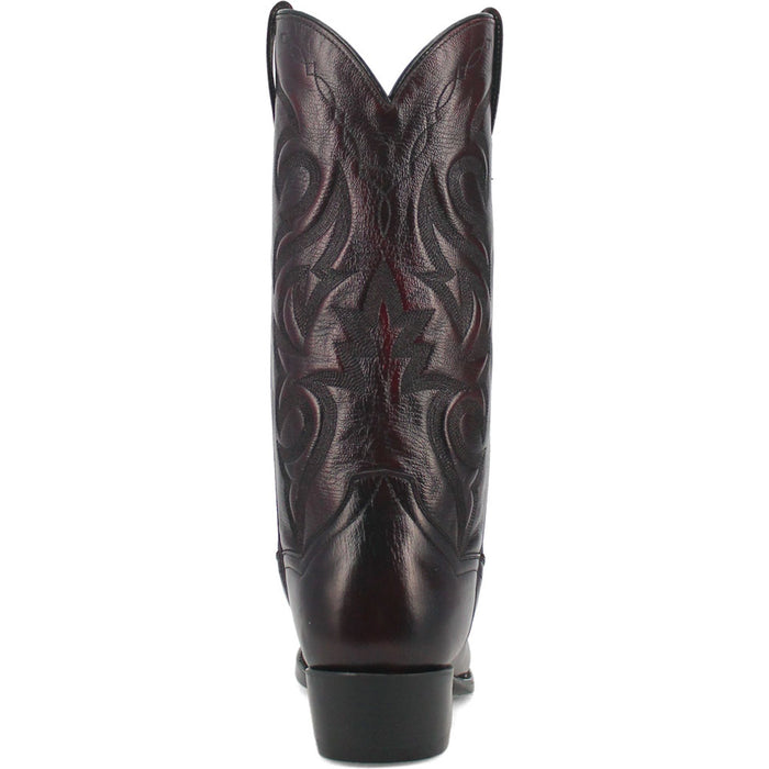 Dan Post Men's Milwaukee Cowboy Boot: 13" tall, round toe. Cherry black textured leather with embossed pattern. Stacked heel. Features a narrow shaft and pointed top.