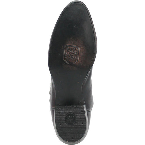 Dan Post Men's Milwaukee Cowboy Boot. Cherry black leather, round toe. Solid black leather sole with patterned tread for grip. Embossed logo on sole.
