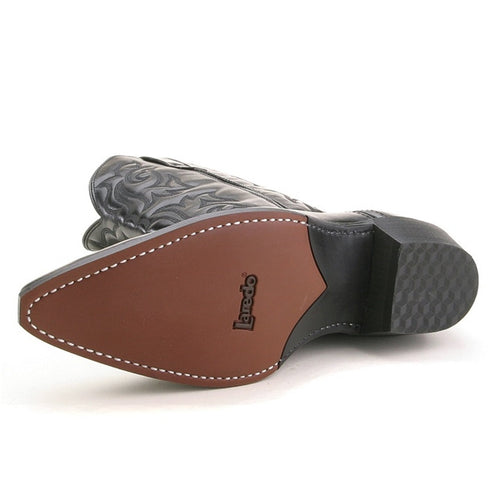 Laredo Hawke black western boots. Pointed toe, contoured ankle. Black leather upper with decorative stitching. Brown leather & rubber sole, textured.
