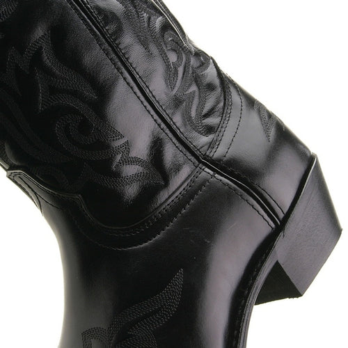 Laredo Hawke black western boots. Tall, fitted shaft, rounded toe, moderate heel. Glossy black leather, intricate tonal stitching, decorative pattern. Smooth, polished look.
