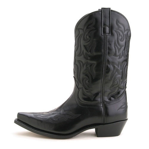 Laredo Hawke black western boots. Pointed toe, high shaft, and embossed black leather upper. Short, square heel with a slight lift.
