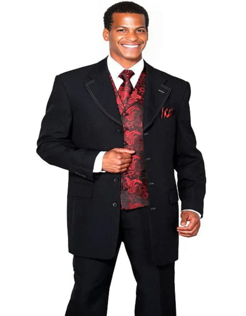 Mens 4 Button Long Vested Fashion Black With Red Paisley Vest