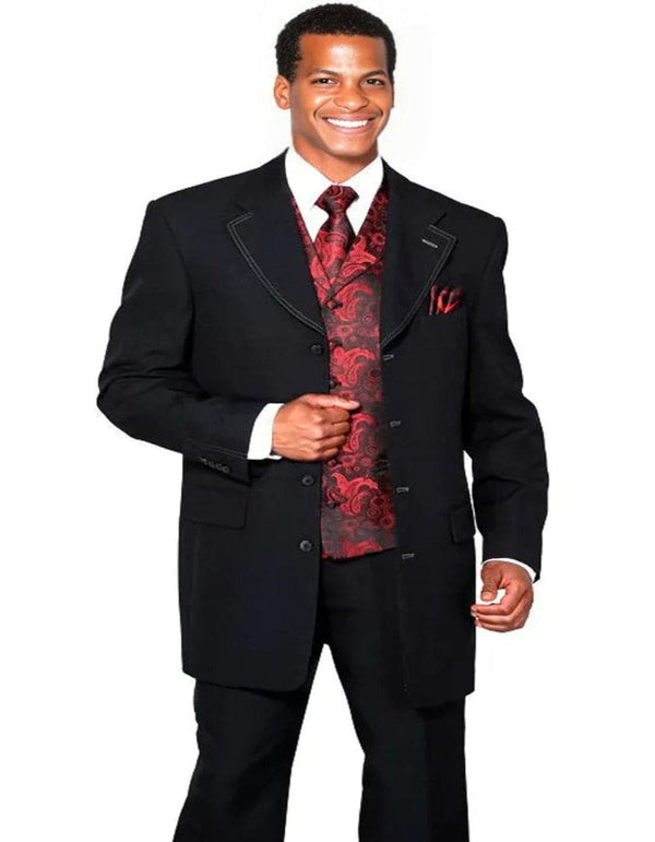 Mens 4 Button Long Vested Fashion Black With Red Paisley Vest