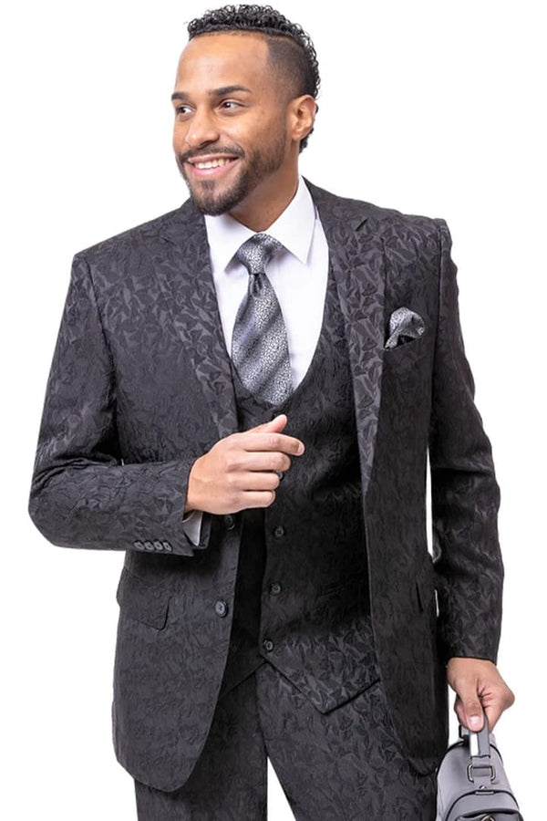 Mens Two Button Vested Paisley Fashion Black Suit