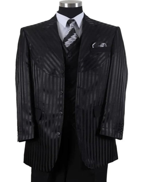 Mens 4 button Semi Wide Leg Shiny Tonal Stripe Black Fashion Suit