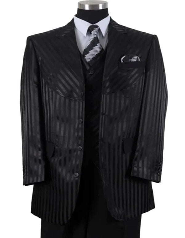 Mens 4 button Semi Wide Leg Shiny Tonal Stripe Black Fashion Suit