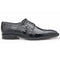 Belvedere Batta men's black ostrich oxfords: Sleek, pointed toe with a textured black ostrich leather upper. Features lace-up closure with decorative perforations. Flat, smooth sole.
