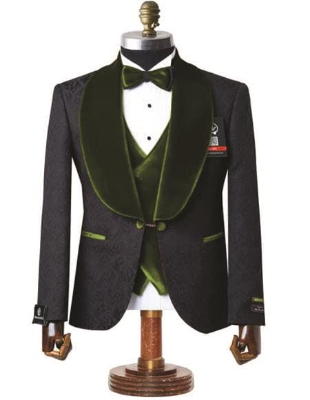 Mens Black With Olive Velvet Lapel 3-Piece Tailored-Fit Tuxedo