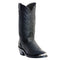 Laredo East Bound black leather boots: tall shaft, decorative stitching, pointed toe, slight heel. Black pigskin exterior with textured finish.
