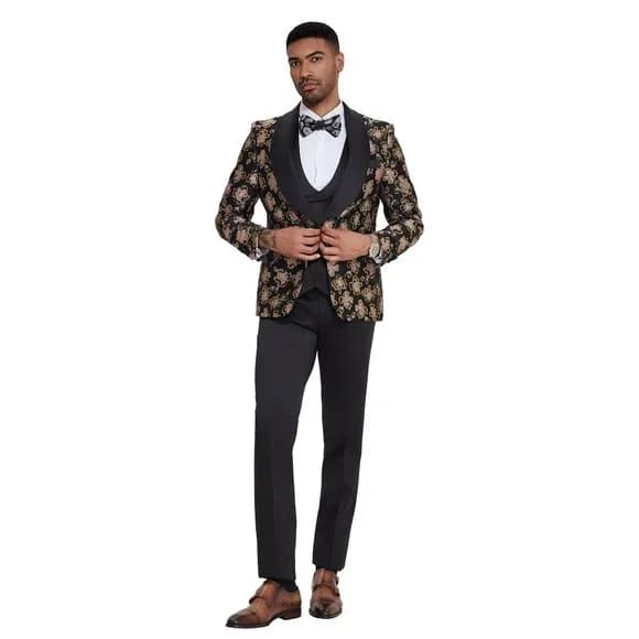 Black & Pink Shiny Floral Mens 3pc Suit by Tazzio