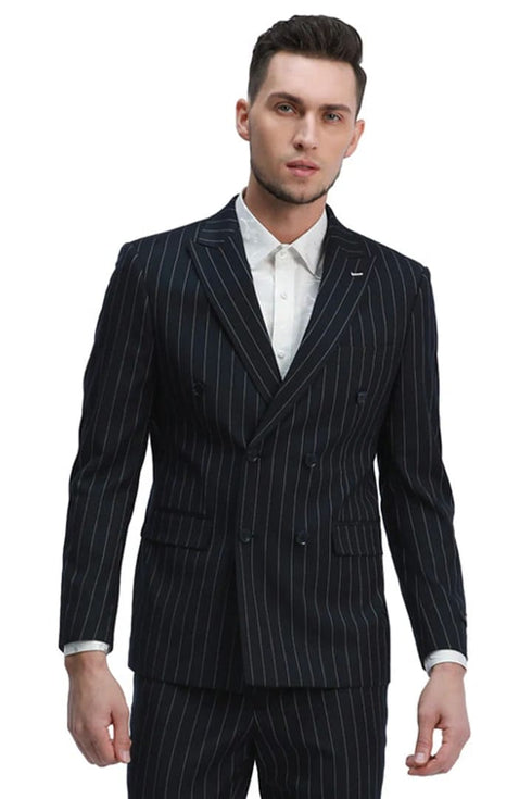 Men's Slim Fit Double Breasted Bold Gangster Black Pinstripe Suit