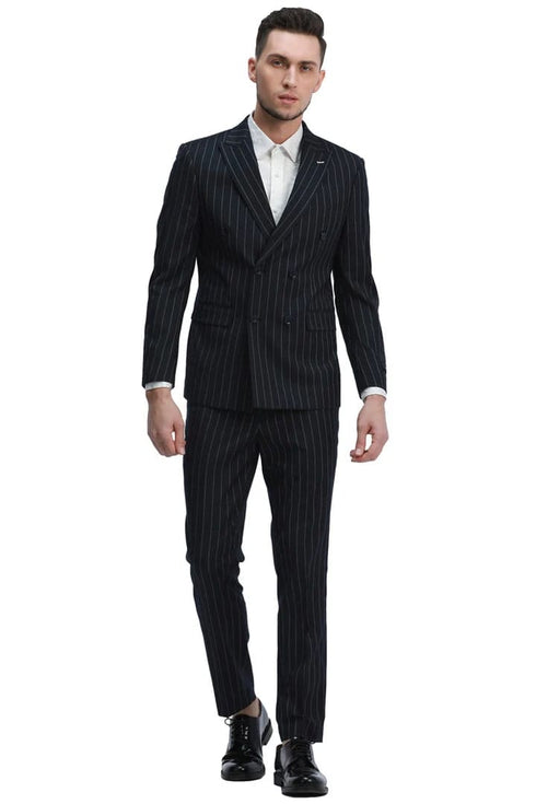 Men's Slim Fit Double Breasted Bold Gangster Black Pinstripe Suit