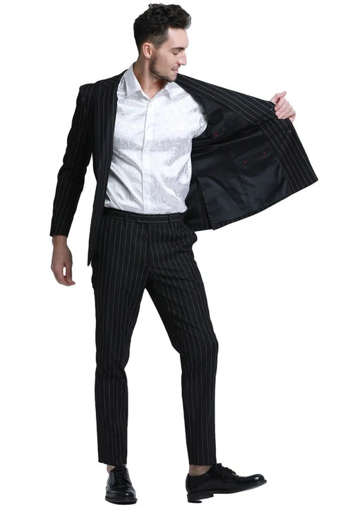 Men's Slim Fit Double Breasted Bold Gangster Black Pinstripe Suit