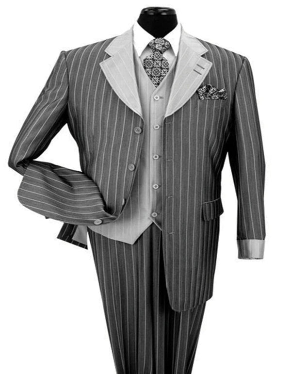 Mens Vested Shiny Sharkskin Pinstripe Fashion Pinstripe Pattern Black Zoot Suit