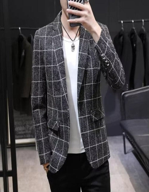 Black and White Plaid Suit Jacket - Mens Black Blazer