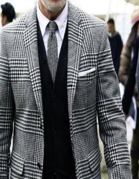 Black and White Plaid Suit Jacket - Mens Black Two Button Blazer