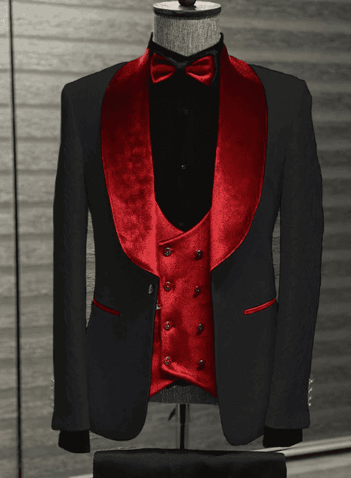 Black and Red Velvet Lapel Tuxedo -  Red Wedding Tuxedo - Two Toned