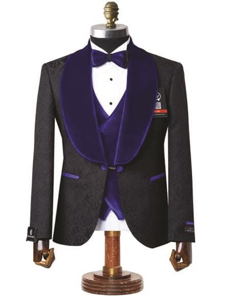 Mens Black With Royal Velvet Lapel 3-Piece Tailored-Fit Tuxedo