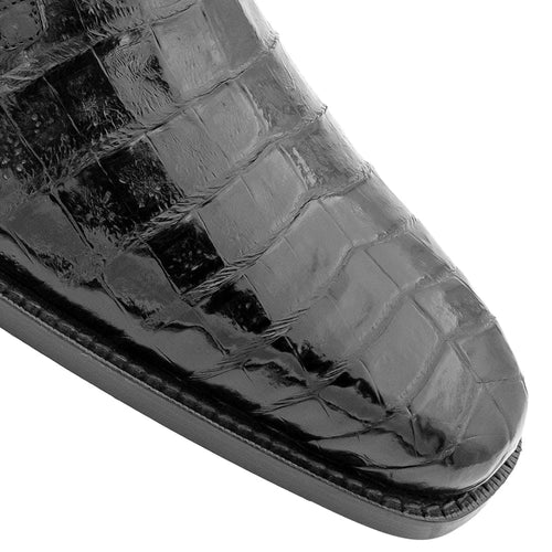 Mezlan Anderson men's black crocodile lace-up shoes. Tapered, pointed toe. Glossy finish with distinct scale pattern. Leather sole with curved edges.
