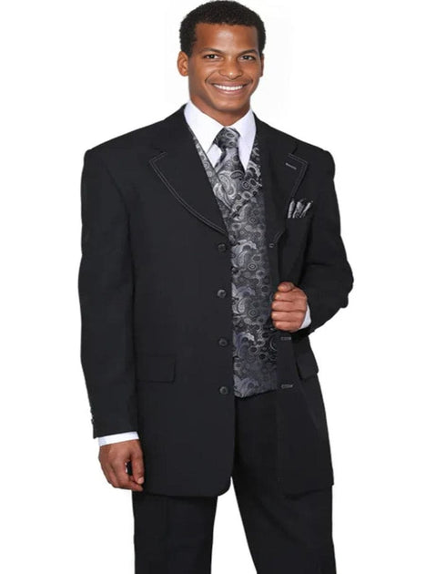 Mens 4 Button Long Vested Fashion Black with Silver Paisley Vest