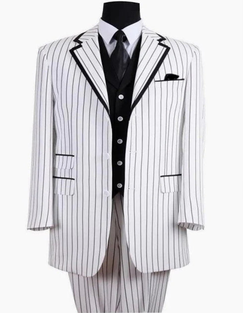 Mens 3 Button Vested Barbershop Quartet White With Black Pinstripe Suit