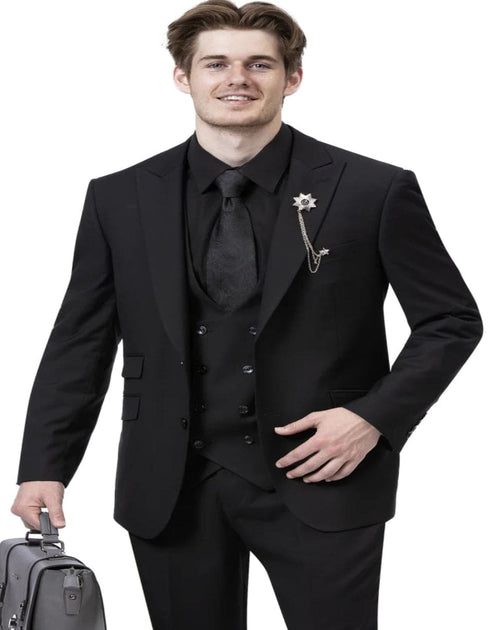 Great Gatsby Guy Costumes - Black Peak Lapel Suit With Double Breasted Vest