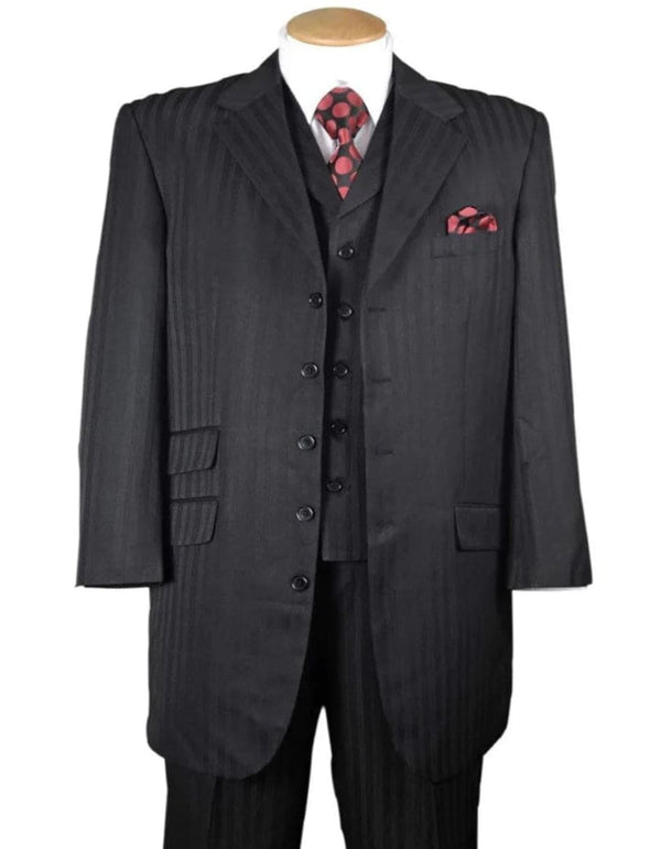 Mens Long Fashion Vested Tonal Pinstripe Zoot Black Suit