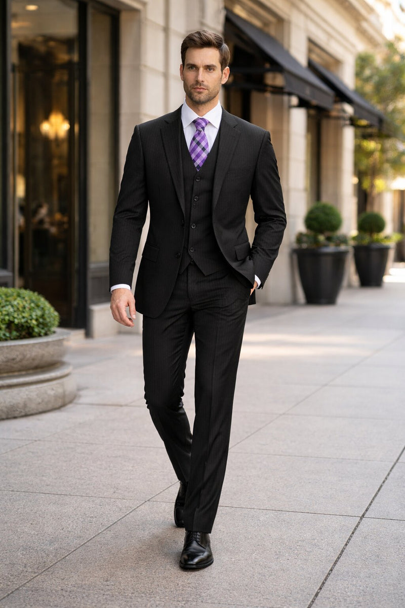 Classic Fit Tone on Tone Pinstripe Suit Color Black