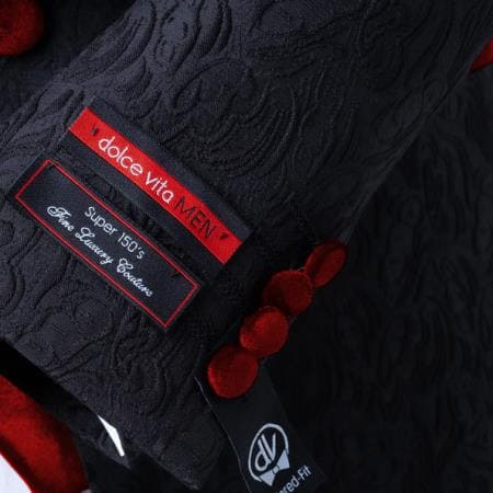 Mens Black With Dark Red Velvet Lapel 3-Piece Tailored-Fit Tuxedo