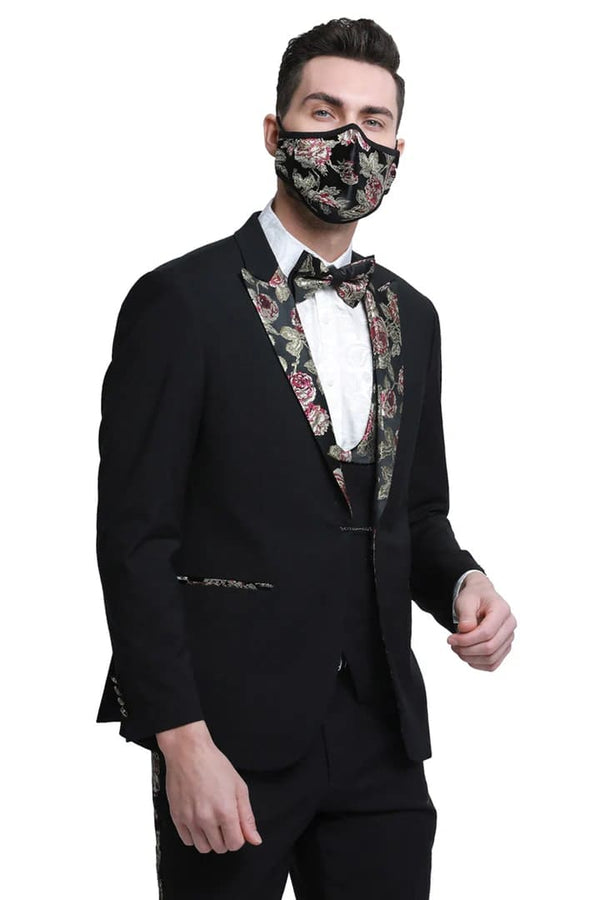 Men's One Button Vested Prom & Wedding Black Floral Peak Lapel Tuxedo