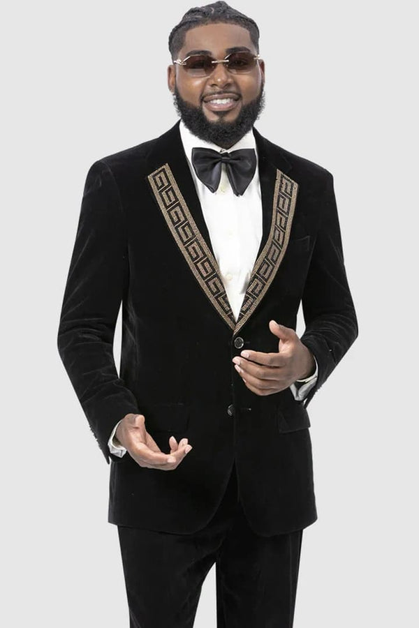 Mens Modern Fit Velvet Tuxedo Suit with Gold Sequin Lapel Black Embellishment Suit