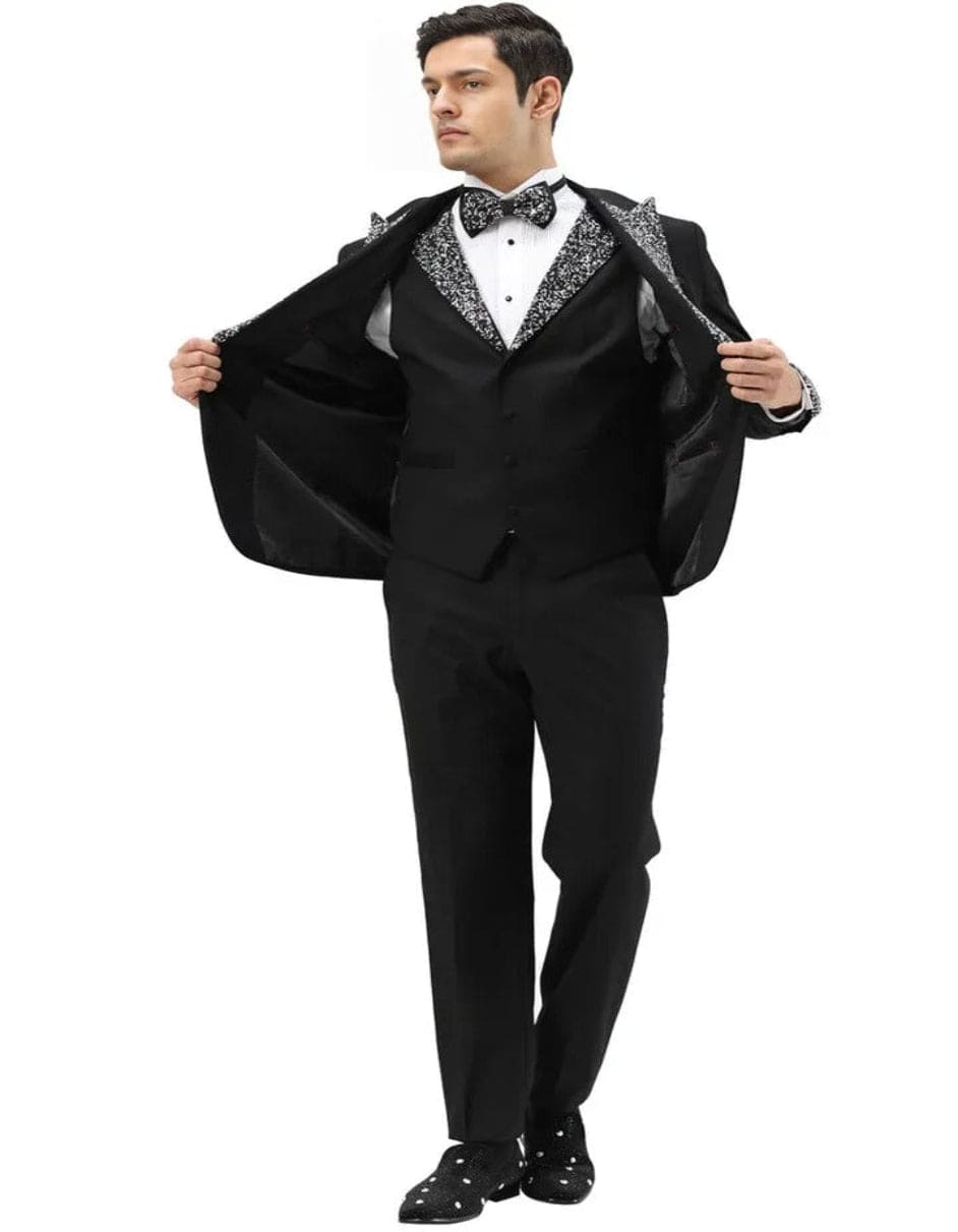Mens One Button Rhinestone Peak Lapel Vested Prom Black Tuxedo