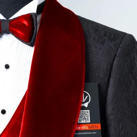 Mens Black With Red Velvet Lapel 3-Piece Tailored-Fit Tuxedo