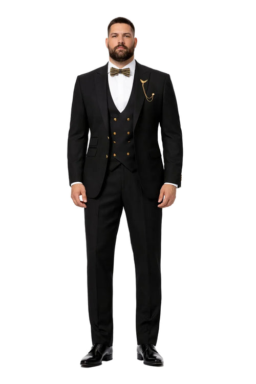 Mens Two Button Peak Lapel Suit Black