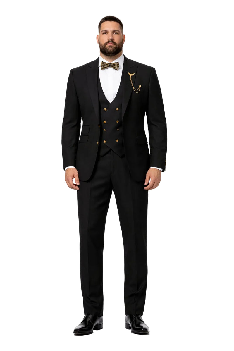 Mens Two Button Peak Lapel Suit Black