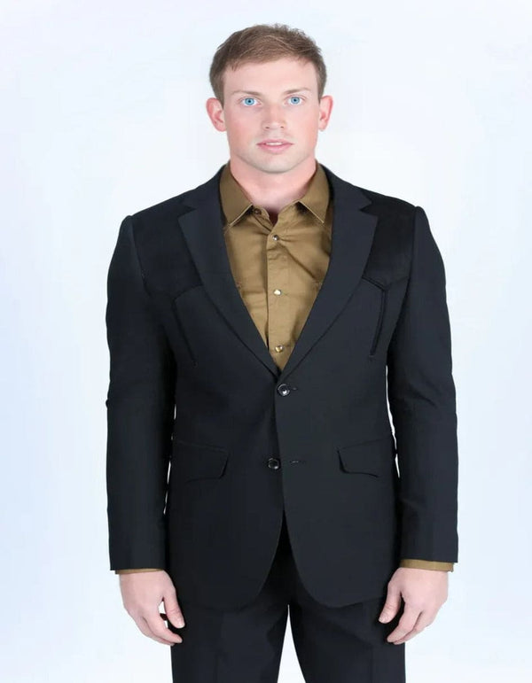 Men's Western Black Suit Sport Coat with Suede Yokes and Elbow Patches