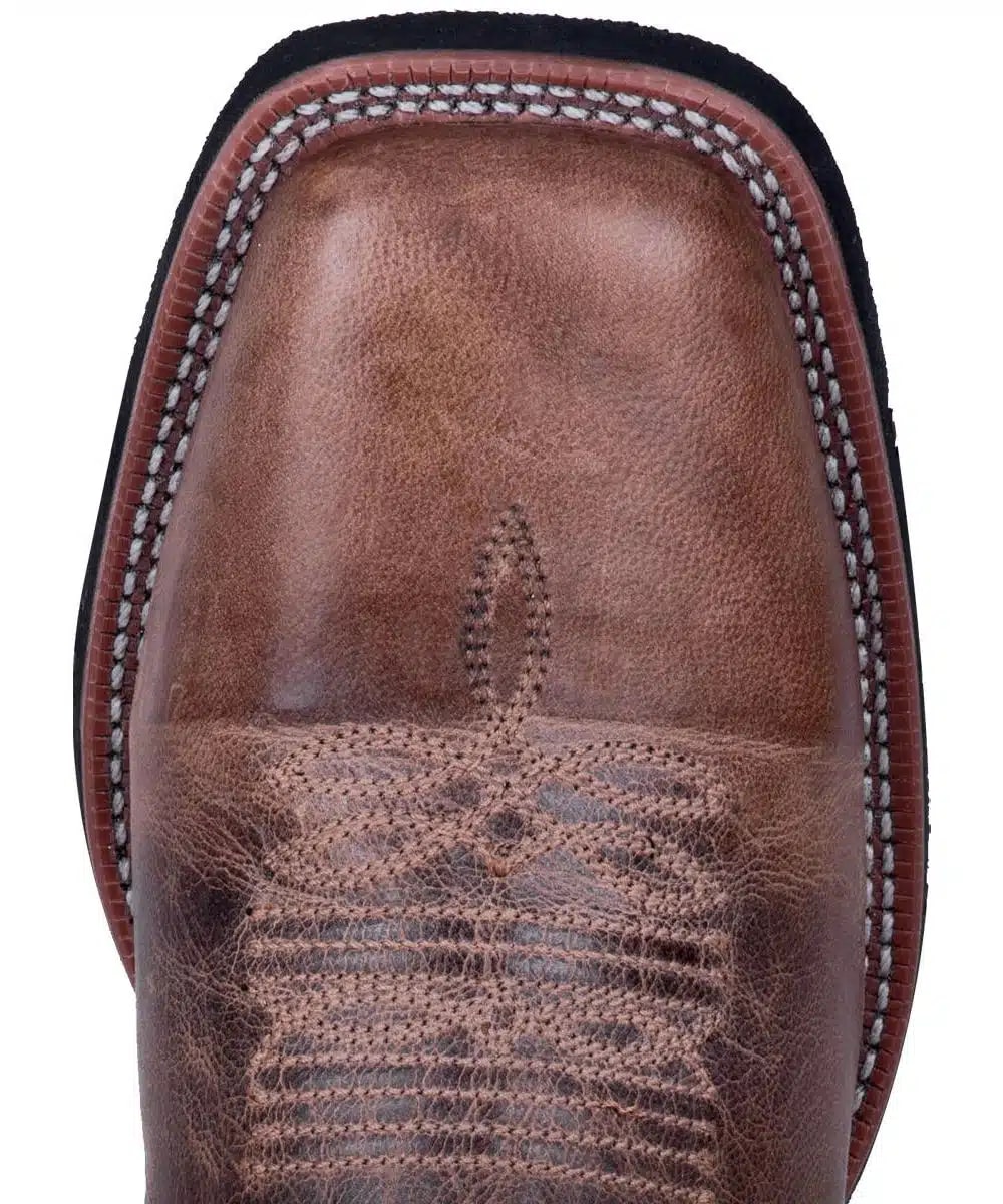 Laredo Men's Montana Boot: Brown leather, square toe, decorative stitching on shaft and toe. Contrasting light stitching detail. Dark, sturdy sole.
