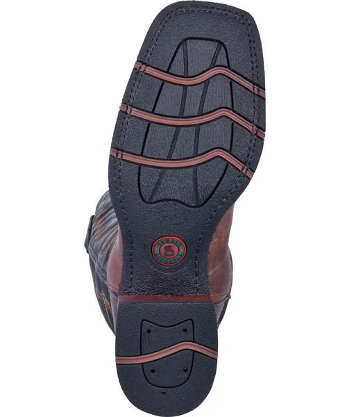 Laredo Men's Montana Boot: Brown leather upper (smooth & distressed). Black rubber outsole with wavy tread and brown accents. Durable and stylish.

