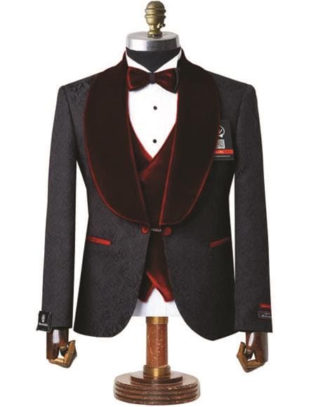 Mens Black With Dark Red Velvet Lapel 3-Piece Tailored-Fit Tuxedo