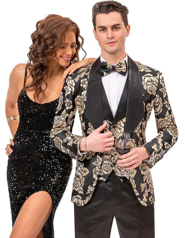 Mens Vested Paisley Prom & Wedding Black and Gold Tuxedo