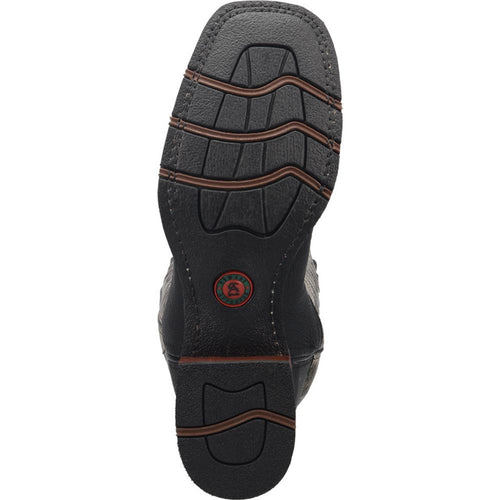 Black & grey leather Laredo Isaac men's boots sole visible. Square toe, textured black sole with tread patterns. Red circular emblem at the center.
