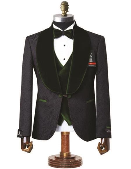 Mens Black With Hunter Velvet Lapel 3-Piece Tailored-Fit Tuxedo