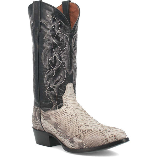 Dan Post Men's Manning boot: Black leather upper with white stitching. Features a pointed 13 round toe. Lower portion has light beige python skin texture. Slightly elevated block heel.