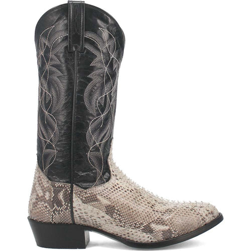 Dan Post Men's Manning boot: Black leather shaft, natural python foot, round toe. Intricate stitching, pull tabs. Stacked heel. Stylish and durable.
