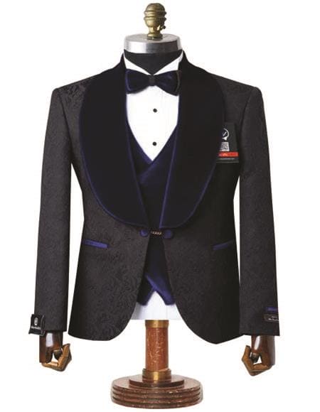 Mens Black With Navy Blue Velvet Lapel 3-Piece Tailored-Fit Tuxedo