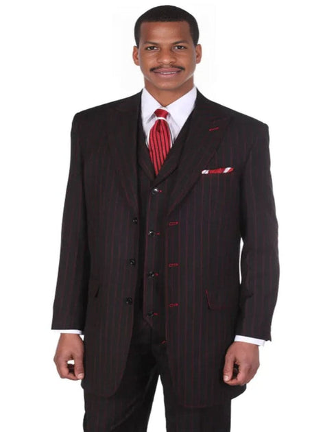 Mens Vintage Vested Gangster Bold Pinstripe Fashion Black and Red Suit