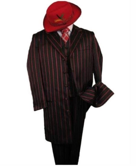 Mens Pimp Coat + Pimp Jacket Vest and Pants - Gangster Stripe Black and Red Fabric Suit