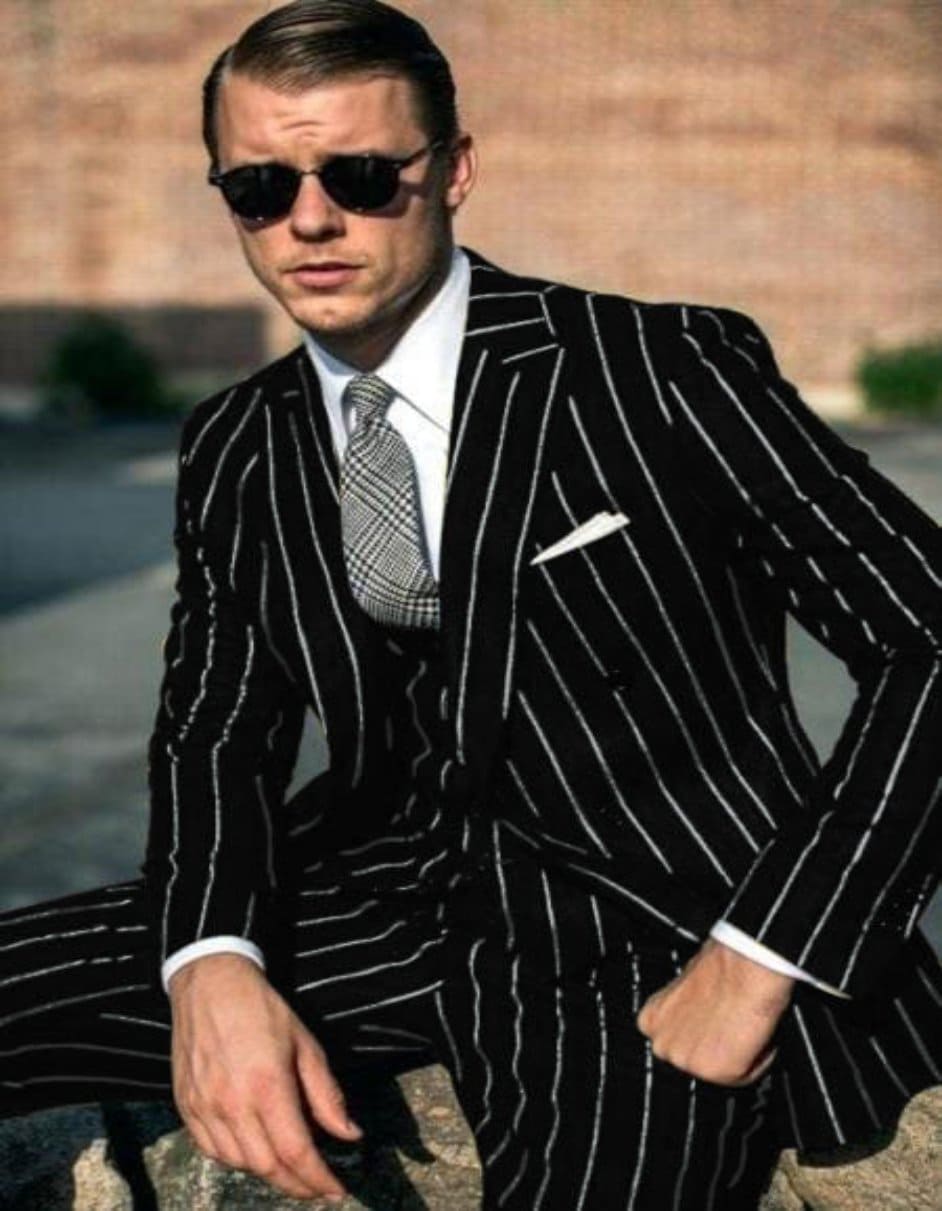 Men's Brown/White 1920's 30's Fashion Look Available in 2 or Three ~ 3 Buttons Vested Pinstripe ~ Stripe 3 Piece With Vest Bold Chalk Stripe Suit main image 0