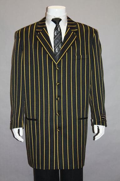 Mens Pimp Coat + Pimp Jacket Vest and Pants - Gangster Black and Yellow Fabric Suit