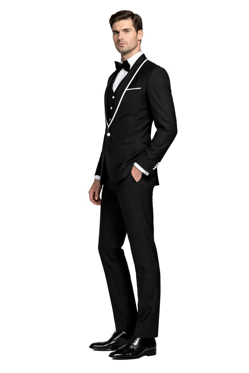 Mens One Button Satin Trim Shawl Tuxedo in Black & White